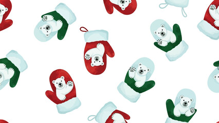 Seamless Pattern with Cute Polar Bears in Red and Green Christmas Mittens