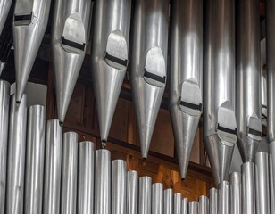 Close-up of metallic organ pipes in varying sizes, inside a building