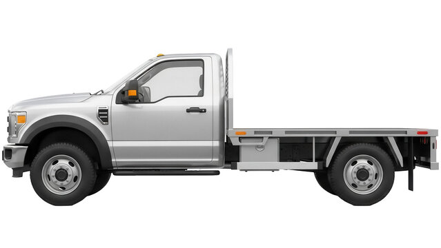 Silver flatbed truck PNG isolated on transparent background, heavy duty commercial vehicle for construction and transportation needs