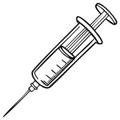 Fototapeta premium Medical syringe with needle and liquid for injection in black and white line art illustration