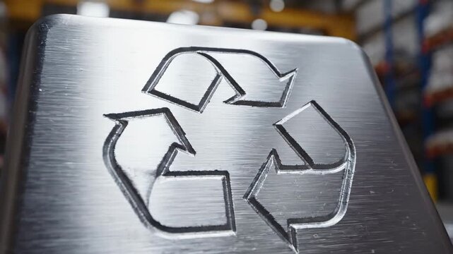 Recycling Symbol Engraved on Brushed Metal Surface with Soft Industrial Background Lighting