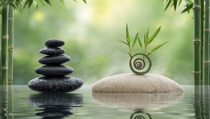 Obraz premium Serene Oasis Stacked Zen Stones and Spiral Bamboo Reflections in Tranquil Water for Relaxation and Harmony