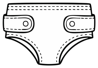 Simple contoured cloth diaper illustration with button closures on tabs, black and white outline