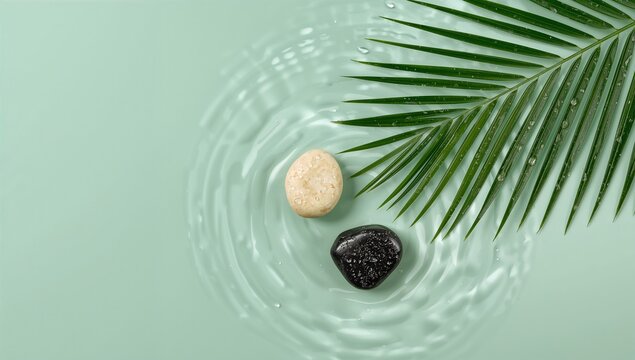 Smooth natural stones with water ripples and a lush green palm leaf on a serene aqua background, creating a minimalist and calming spa-like composition