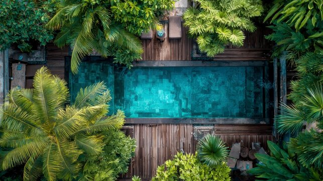 Bird's-eye perspective showcasing a rectangular pool surrounded by lush tropical vegetation. Wooden decking and sun loungers add to the relaxing vibe