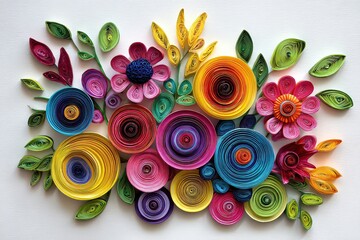 Colorful Paper Quilled Floral Arrangement on Textured White Background with Intricate Details and Vibrant Hues Decorative Design Craft Decoration