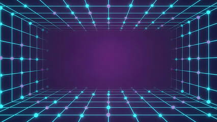 A futuristic digital grid with neon blue lines and purple background