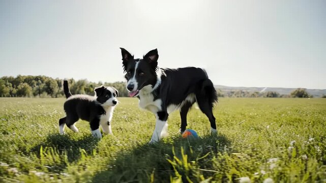 明るい日差しが広がるオープンフィールドで、ボーダーコリー成犬が子犬にボール追いを教えるシーン。
緑の草地とクリアな自然光が、活発で前向きな雰囲気を引き立てます。