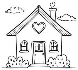 Charming Hand Drawn House Illustration with Heart Detail and Clouds