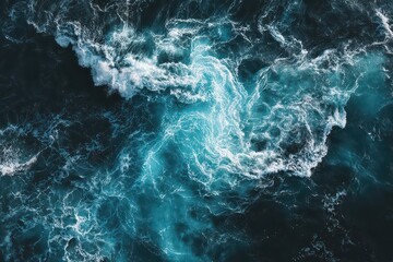 Aerial View of Sparkling Turquoise Sea Water with Foaming Waves Under Natural Sunlight