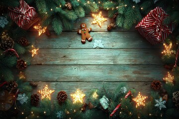Christmas Festive Garland Decoration on Rustic Wooden Table with Twinkling Star Lights Red Gifts and Gingerbread Man for Festive Holiday Background