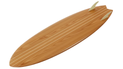 Wooden surfboard with fins isolated PNG, handcrafted retro style board for surfing and water sports on transparent background