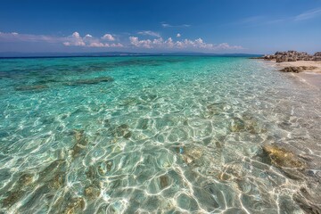 Crystal Clear Turquoise Water Meets Sandy Shore with Rocks Under Sunny Sky Creating Glistening Reflections and Peaceful Atmosphere Perfect for Vacation and Relaxation