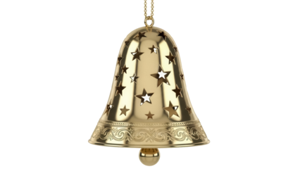 Golden Christmas bell with star cutouts isolated PNG, festive holiday ornament for seasonal decoration and celebration