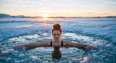 Young woman taking a cold plunge in a frozen lake at sunset. Ice bath therapy in winter nature. Wellness and resilience concept