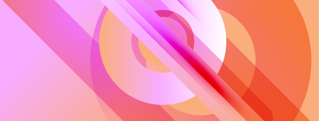 Abstract composition featuring overlapping circles, lines. Gradient hues blend pink, orange, purple creating dynamic visual effect. Modern design.