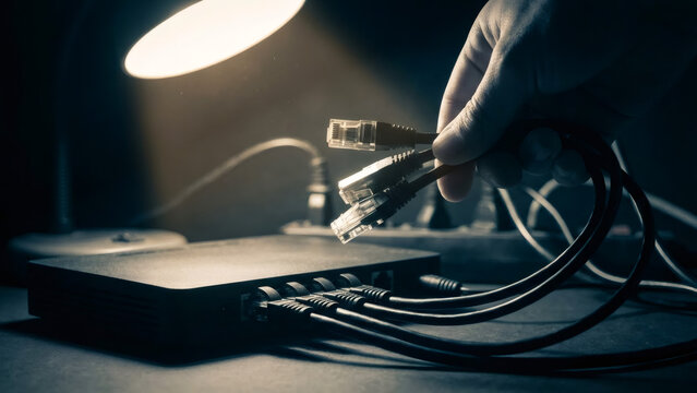 Hand holding Ethernet cables over a network switch. Connecting internet RJ45 wire to router hub in dark room. IT technology and connectivity concept - Powered by Adobe