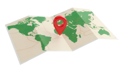 World map with red location pin isolated PNG, global travel destination and navigation concept on transparent background