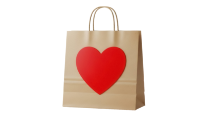 Tan paper shopping bag with red heart isolated PNG, gift bag for Valentine s Day or Mother s Day on transparent background
