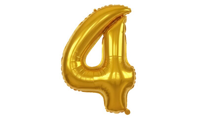 Golden number 4 balloon isolated PNG on transparent background, shiny metallic foil digit for...