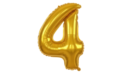 Golden number 4 balloon isolated PNG on transparent background, shiny metallic foil digit for birthday party decoration and celebration