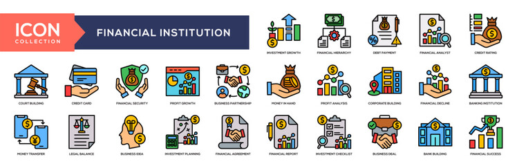 Naklejka premium Financial Institution Lineal Color Icon Collection
