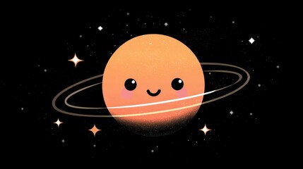 A cartoon depiction of a smiling planet, possibly Saturn, with rings and stars against a black background