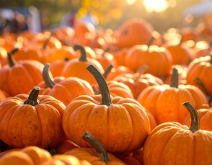 Close-up of numerous, vibrant, orange gourds in bright sunlight