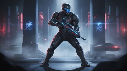 Futuristic soldier in cyberpunk setting with neon lights and fog