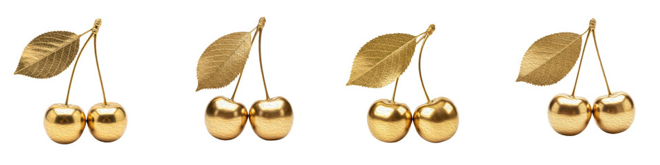 Golden Cherries Pair with Leaf Set Isolated Luxury Fruit Food Concept Oil Paint White Background PNG