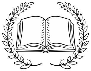 Open book emblem with laurel wreath illustration for knowledge and achievement