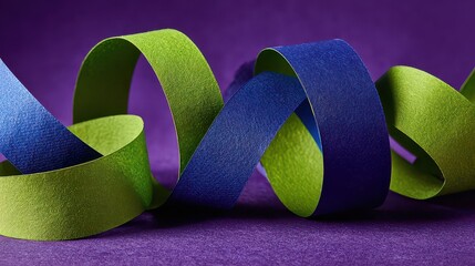 Close Up of Sparkling Blue and Green Curling Ribbons on Glittery Purple Surface for Celebration
