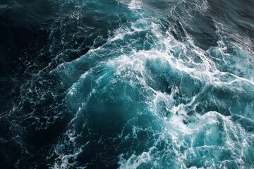 Close Up of Teal Blue Sea Waves Splashing with Foam and Spray Creating Dynamic Patterns in Sunlight on Dark Background