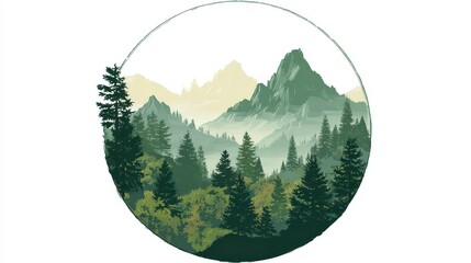 A scenic forest landscape encircled by a frame with stylized mountains, trees, and mist. The design is a nature-themed illustration