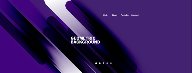 Obraz premium Abstract geometric background features purple, white gradients. Text displays work, about, portfolio, contact options. Modern design elements present.