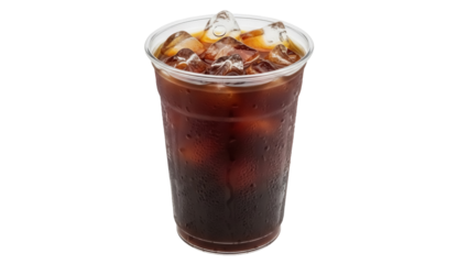 Iced coffee in a plastic cup PNG isolated on transparent background, refreshing cold brew drink with ice cubes for summer