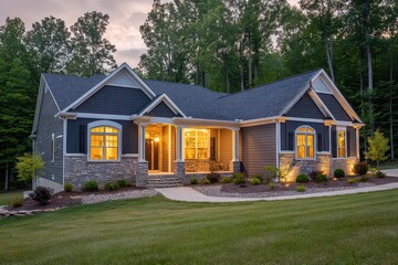 Evening View of Gray House with Stone Foundation and Porch on Green Lawn with Forest Backdrop under Dim Sky