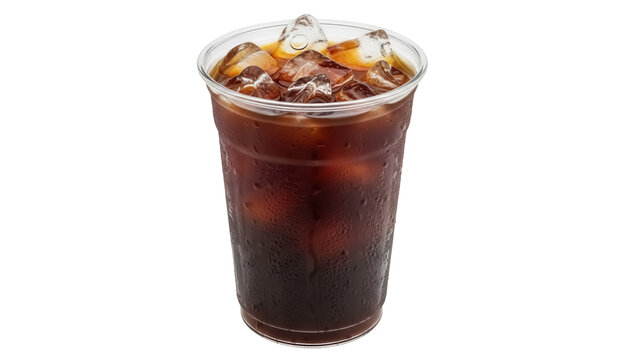 Iced coffee in a plastic cup PNG isolated on transparent background, refreshing cold brew drink with ice cubes for summer
