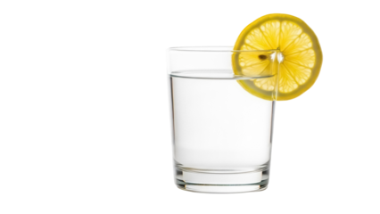 Glass of water with lemon slice isolated PNG, refreshing drink with citrus fruit on transparent background for summer beverage concepts