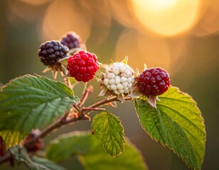Close-up of mixed-color berries on a thorny stem with green leaves