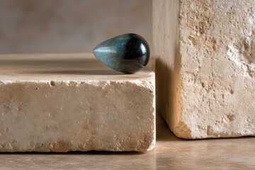 Elegant Still Life with Gradient Black and Blue Glass Object on Textured Stone Blocks with Shimmering Details and Neutral Background