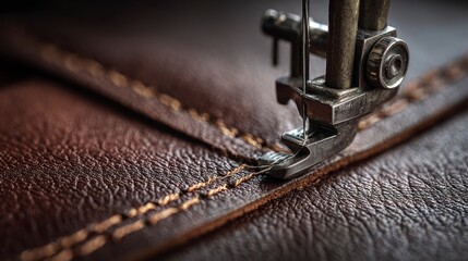 Close-up of a vintage sewing machine meticulously stitching together brown leather pieces, showing intricate details and textures