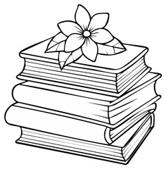 Stack of books with a flower on top, vector illustration, outline, educational concept