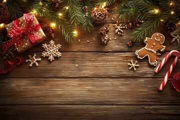 Festive Christmas Tabletop Arrangement with Pine Garland Gift and Gingerbread Treats on Rustic Wooden Surface Warm Lighting