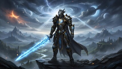 Epic fantasy warrior standing on cliff with glowing blue sword