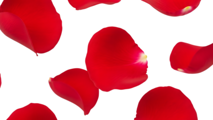 Detailed close up of large scattered red rose petals isolated on transparent background emphasizing texture and rich crimson color