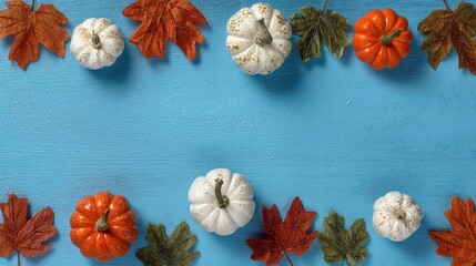 Festive Autumnal Arrangement Featuring Miniature Pumpkins and Glittering Leaves on Rustic Blue Wood Surface with Bright Lighting Style
