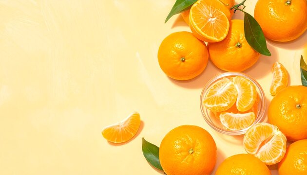 丸ごとのみかんと房に分けた果実が並び日常的な果物の親しみを表現する