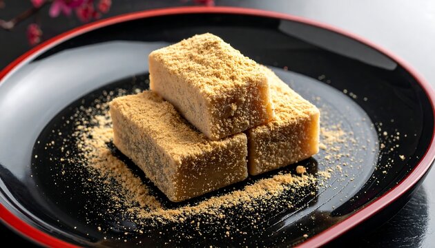 積み重ねたきな粉餅が黒い器に映え和菓子の存在感を強める