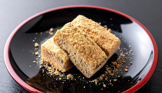 黒皿に盛られたきな粉餅が素朴な和菓子の甘味を落ち着いて表現する